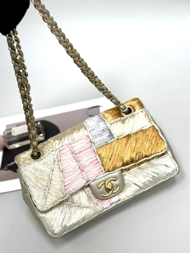 95新 Chanel/香奈儿 夏七中古/拉菲草编织拼接cf/斜挎单肩包