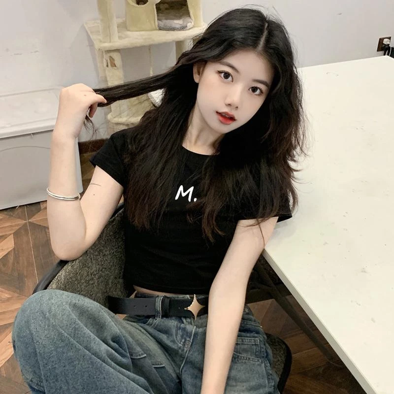 热辣上衣欧美短款露脐甜酷小个子短袖t恤女2025新款夏季正肩修身