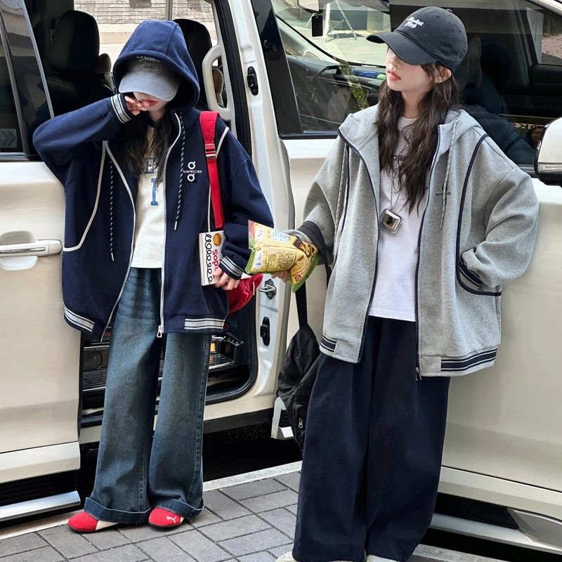 女童学院风外套2025秋季韩版新款洋气连帽开衫中大童百搭夹克外套