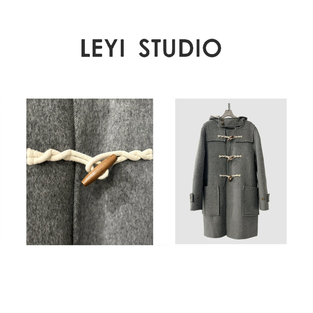 LEYI 时髦知识分子 羊毛挺阔感重磅双面呢牛角扣连帽大衣外套-001