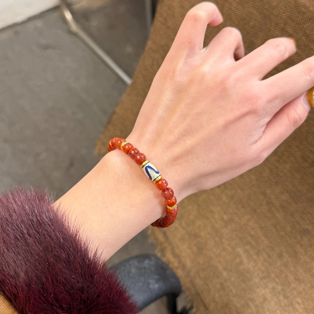 南红玛瑙火焰纹单圈手串，s925银配 本命必带