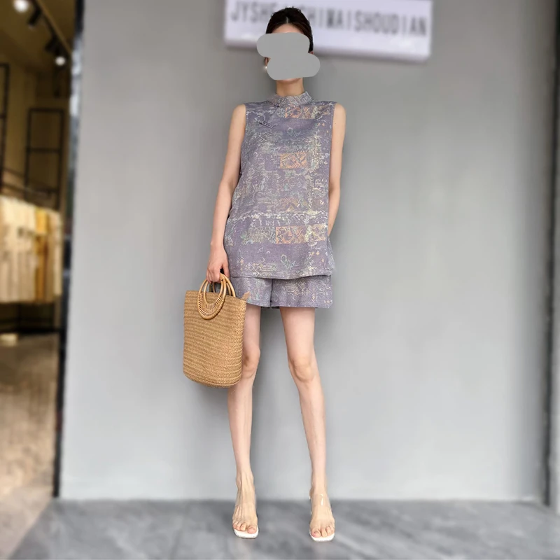 2025夏季网红新款小个子国风套装女新中式印花盘扣马甲上衣+短裤