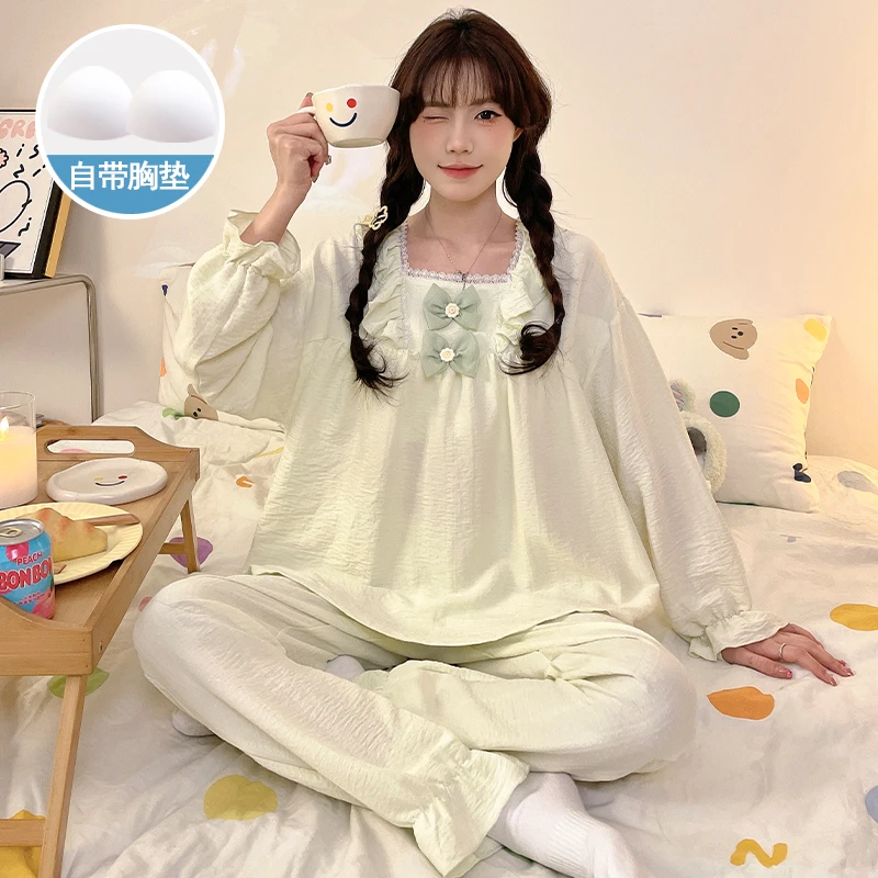 2025年新款睡衣女春秋款带胸垫长袖长裤宽松女士家居服可外穿套装
