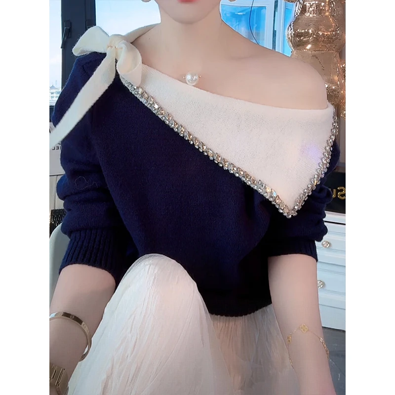 重工轻奢镶钻设计感撞色蝴蝶结针织衫女2025秋冬新款毛衣斜领上衣