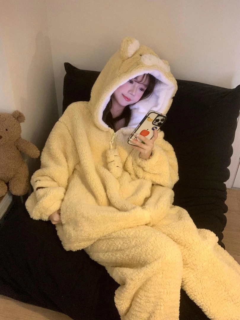 2025新款珊瑚绒睡衣女冬季可爱小虎虎连帽加绒加厚冬天保暖家居服