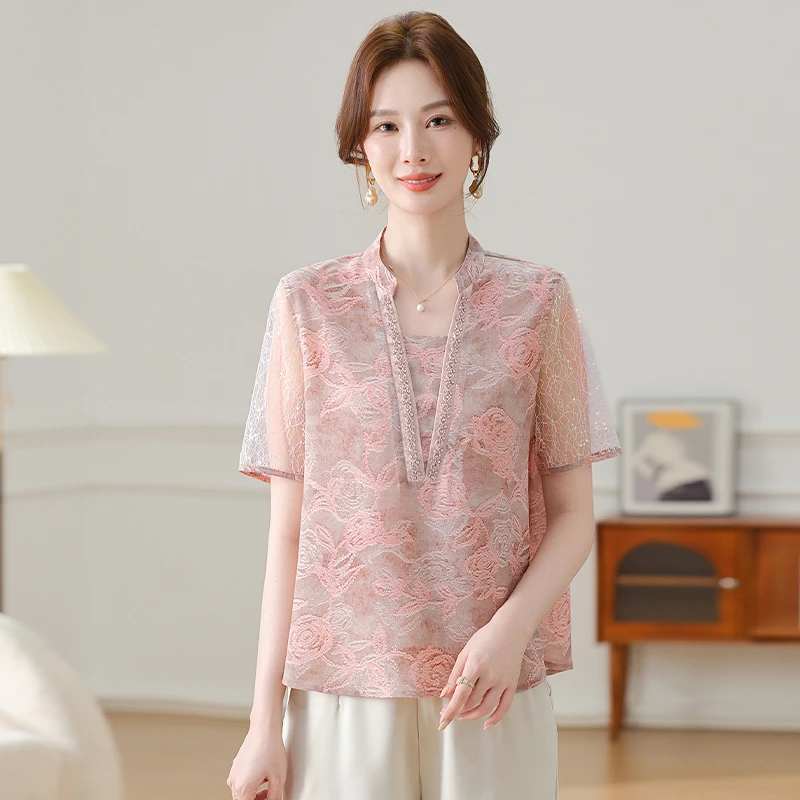 洋气减龄V领衬衫时尚妈妈衫中老年女装新中式婆婆妈妈装气质大气