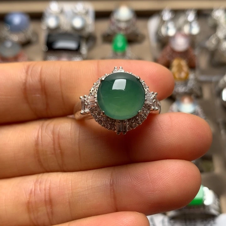 翡翠合金戒指翡翠冰种湖水色戒面