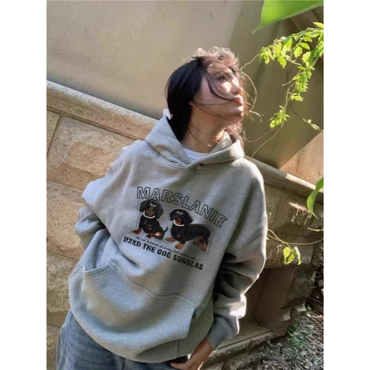 特大码300斤欧美式腊肠狗慵懒风卫衣男女秋冬季宽松显瘦重磅上衣