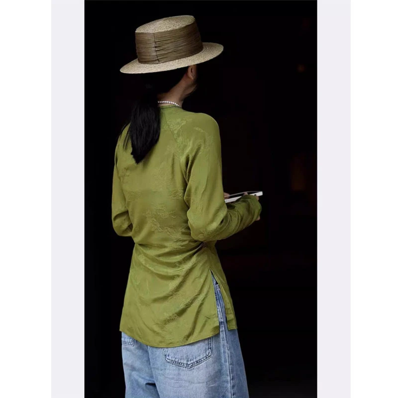 闪拍yiy亦嗲新中式女装绿色衬衫女2025夏季新款高端轻国风高级感