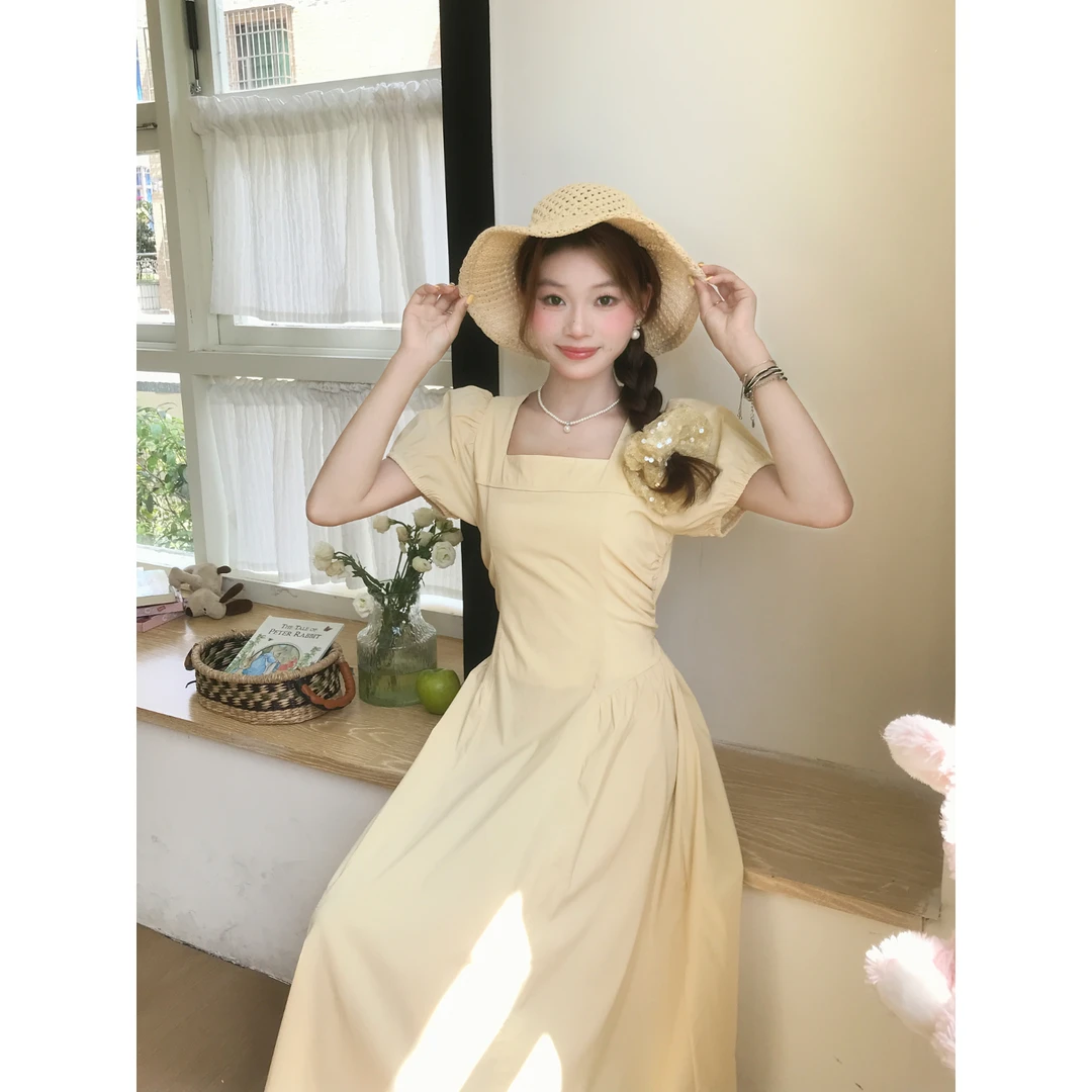 方领泡泡袖连衣裙女装2025夏季爆款时尚简约法式长裙女温柔风