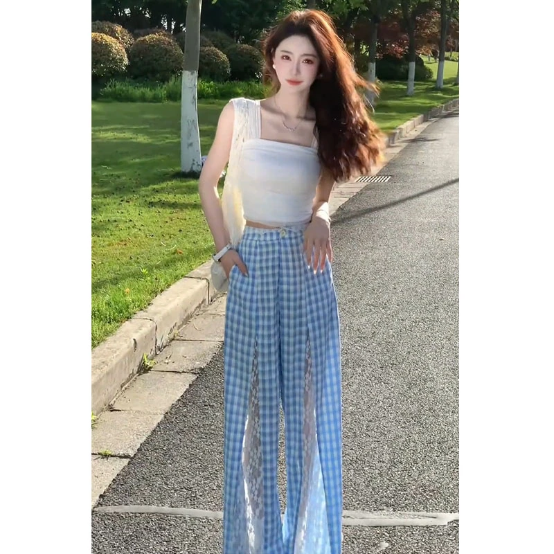 夏季搭配一整套2025新款时尚气质设计感方领背心蕾丝格子裤两件套