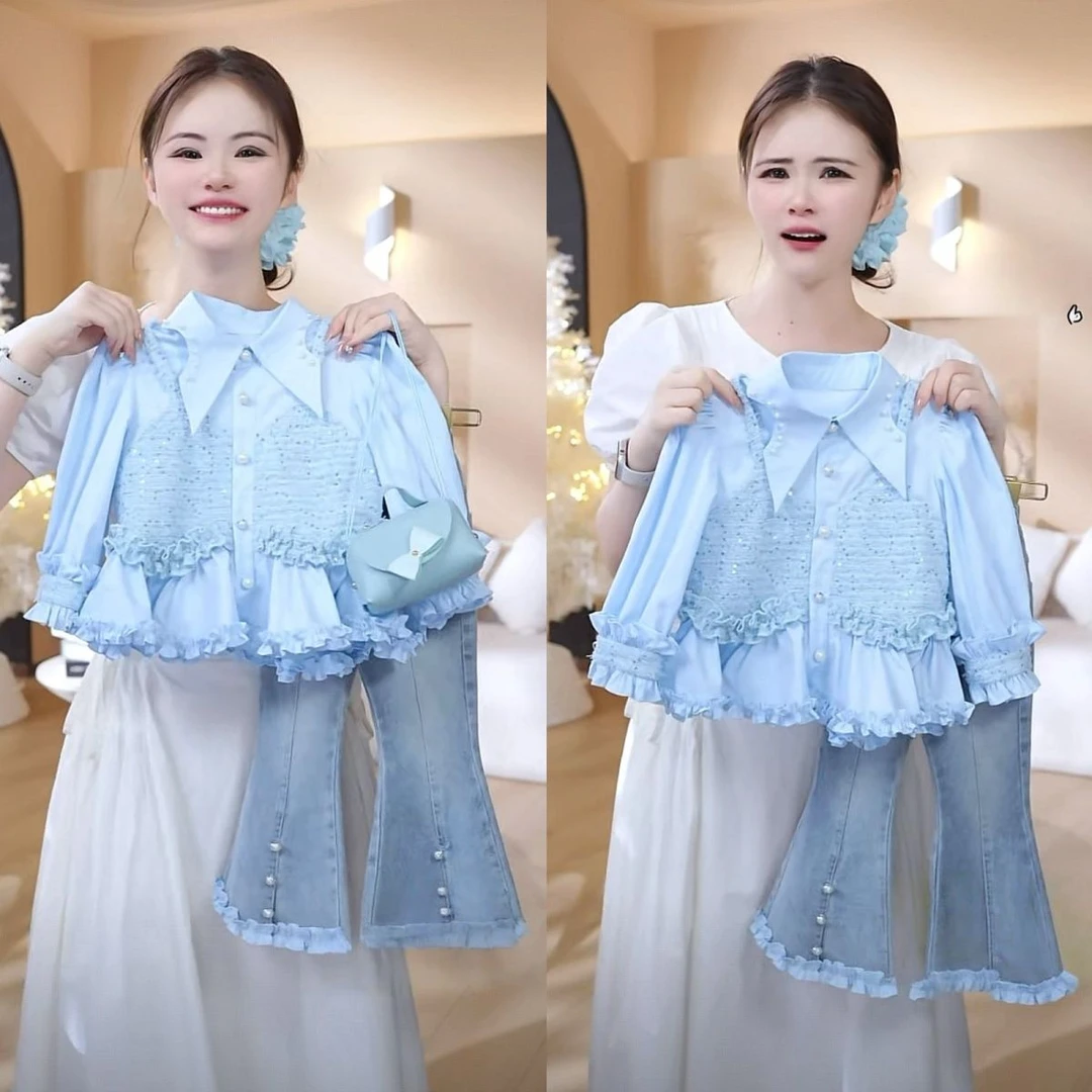 新款秋季女童套装时尚牛仔喇叭裤两件套上衣衬衫儿童春秋款潮