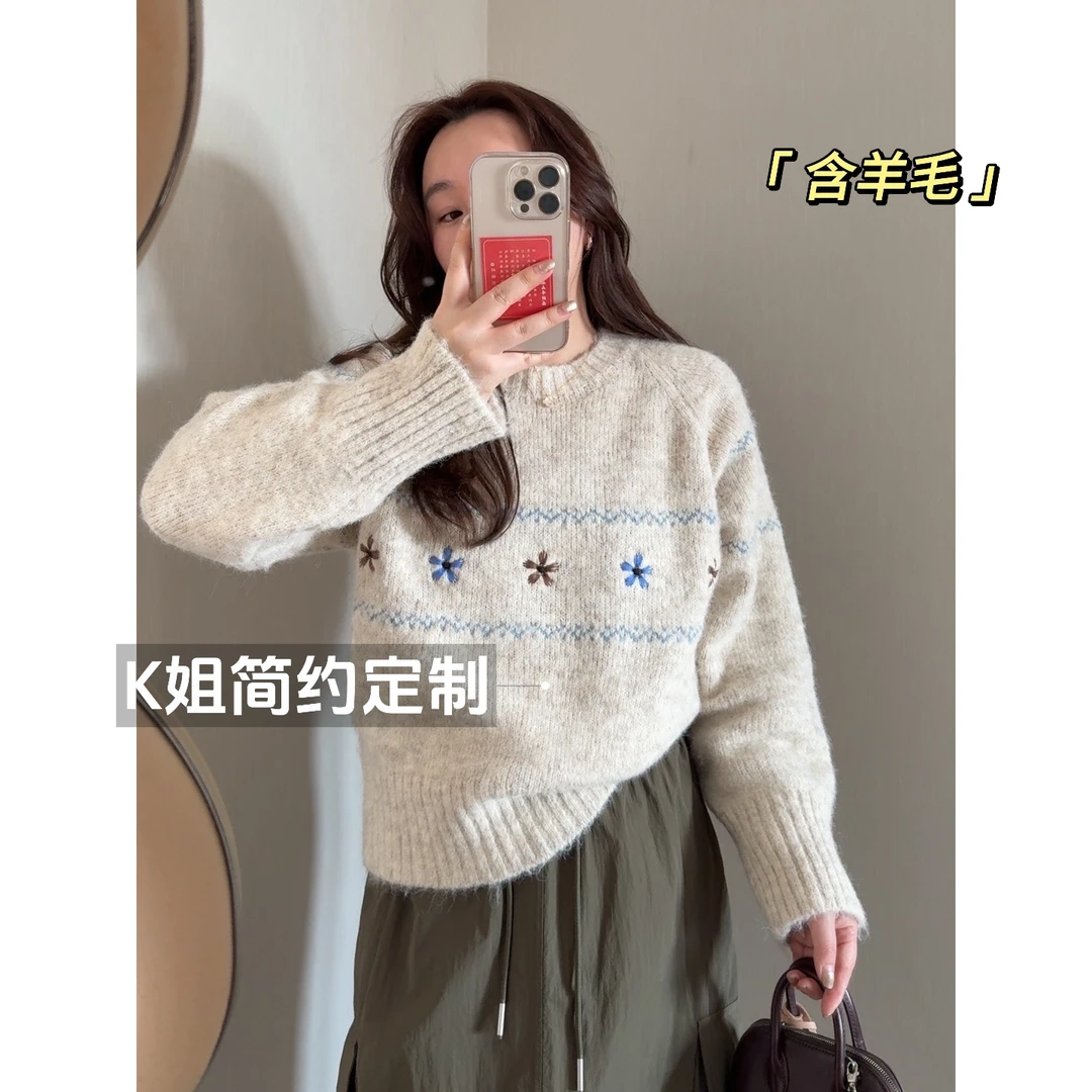 GTNER“KK定制”女款冬季百搭时尚简约宽松圆领套头羊毛毛衣D1672