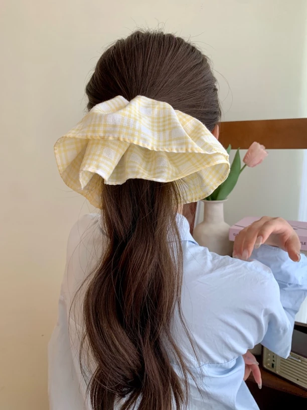 韩系奶黄色格子裙摆大肠发圈气质后脑勺盘发裙摆头花高级感发饰女