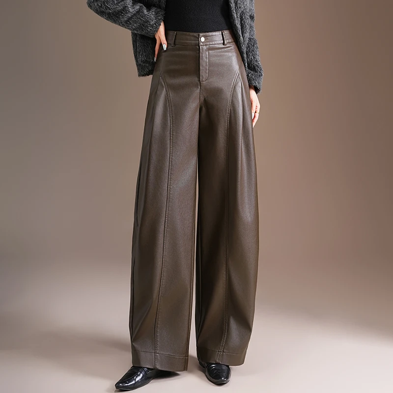加厚PU皮裤宽松弯刀裤今年流行爆款休闲女裤子秋冬超好看哈伦长裤