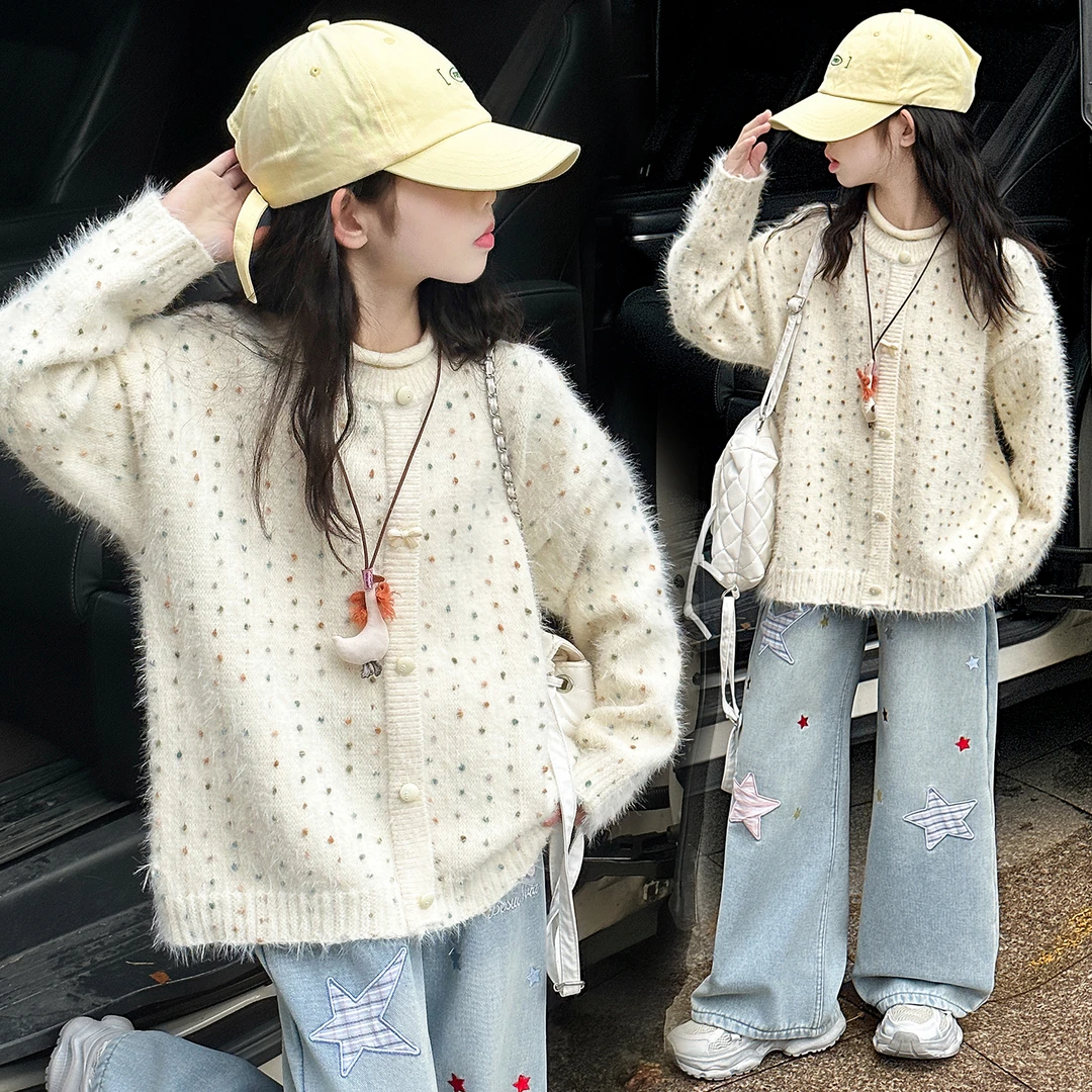 女童加厚毛衣2025冬季新款中大通保暖上衣女孩休闲波点双领针织衫