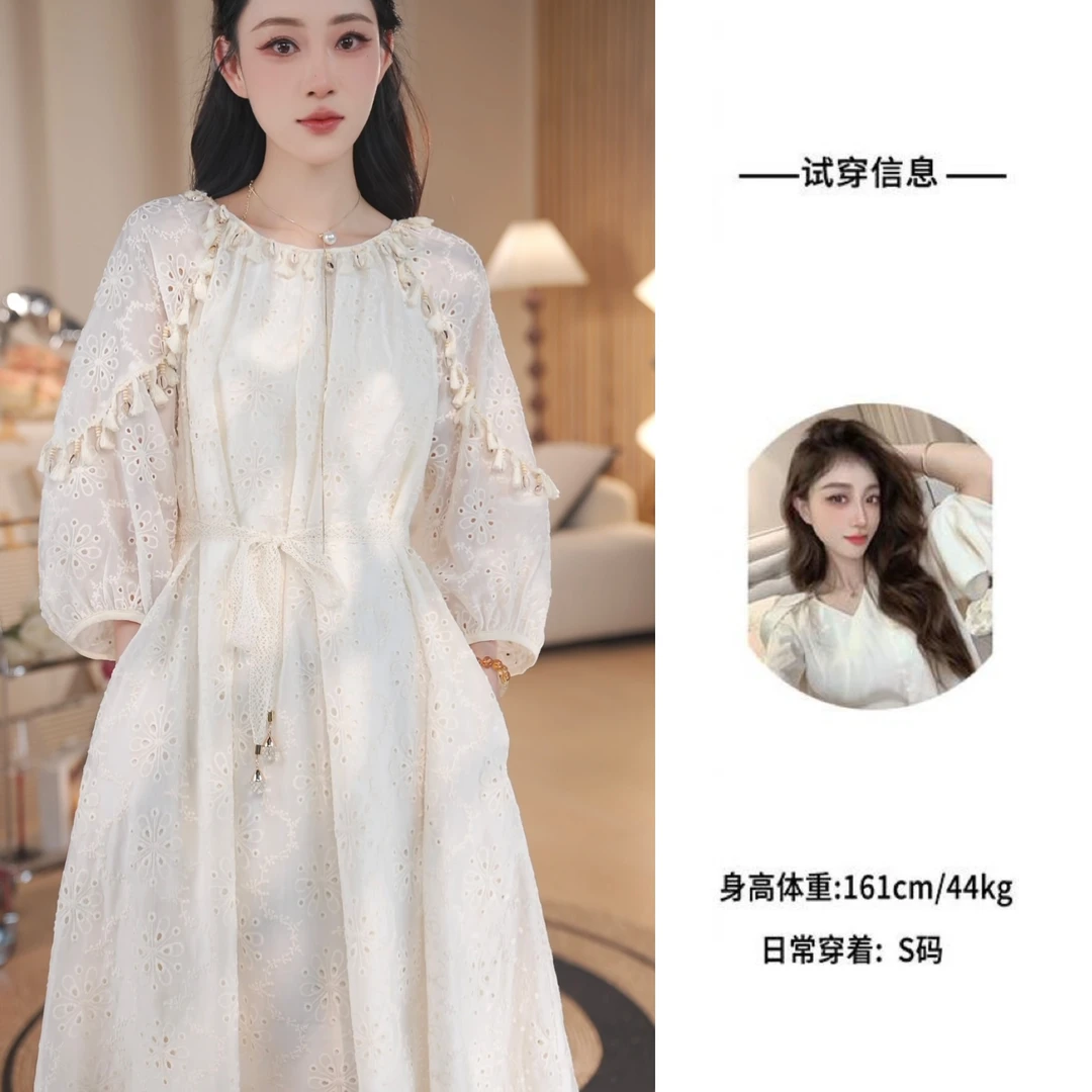 【威尼斯】2025新款春夏复古高级感珠片刺绣蕾丝连衣裙6608