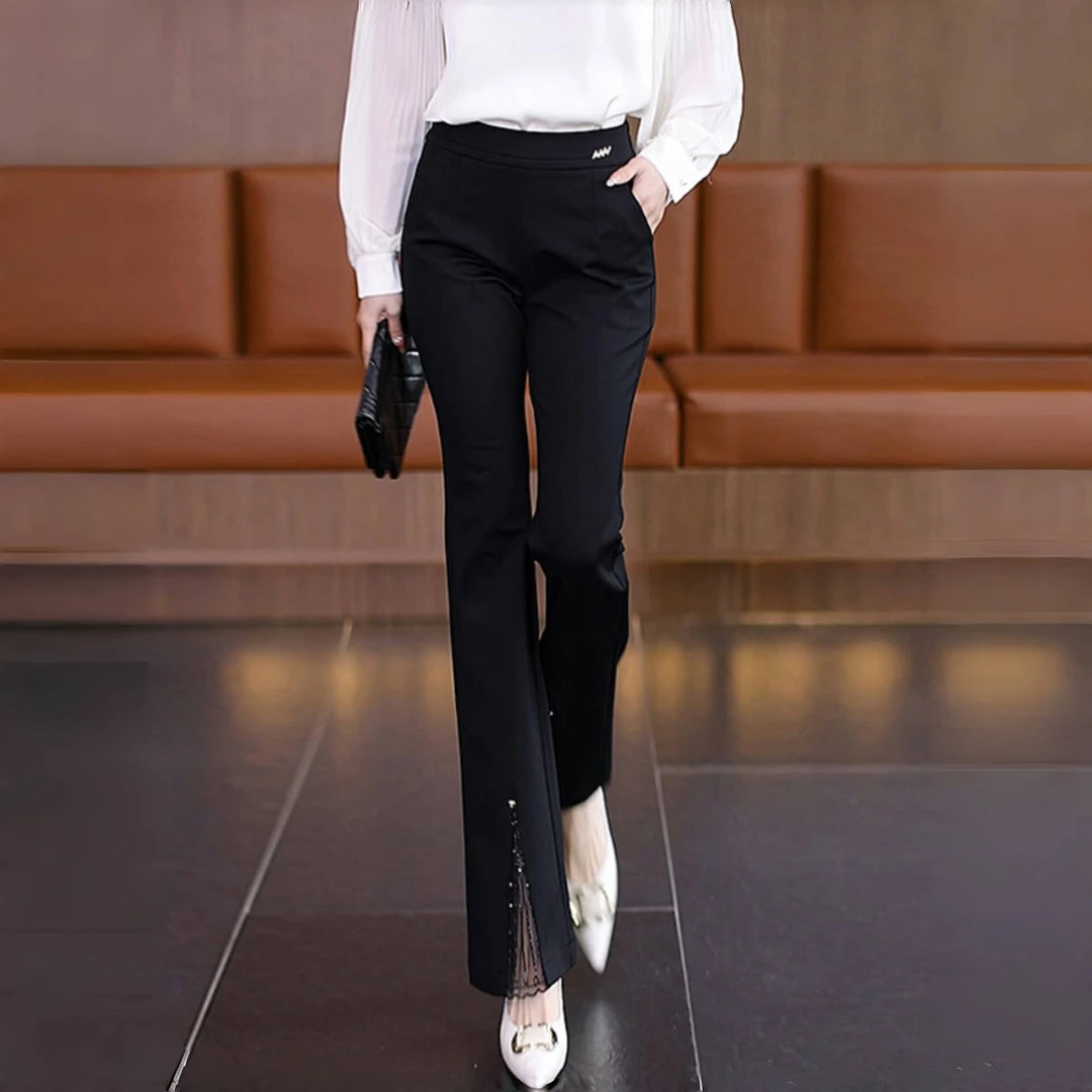 专柜正品开叉微喇裤女气质蕾丝2025春夏爆款高腰显瘦休闲网纱裤子