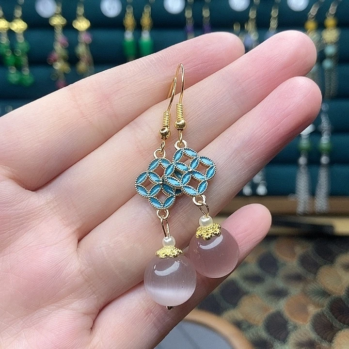 石英质玉耳钉银S925镶嵌