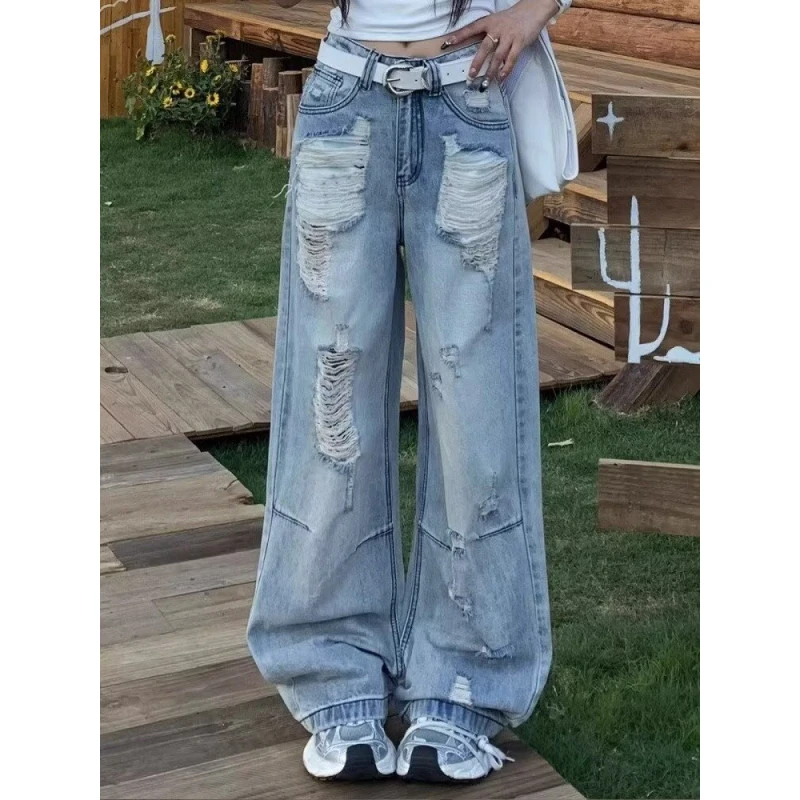 美式复古青少年破洞牛仔裤男女秋季高街设计感直筒宽松显瘦阔腿裤