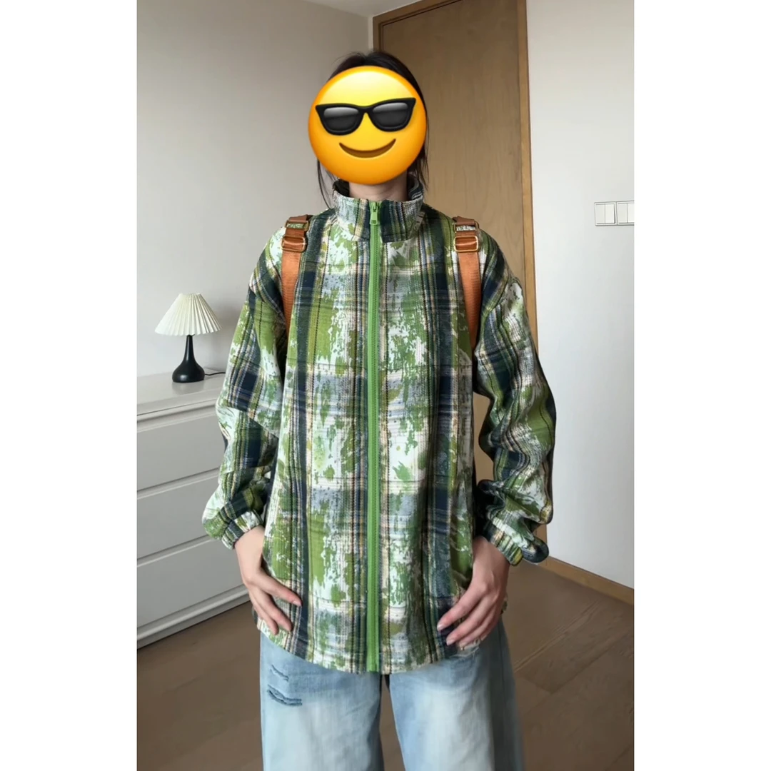 牛油果绿扎染格子外套男女春秋季无帽翻领棒球服美式复古情侣夹克