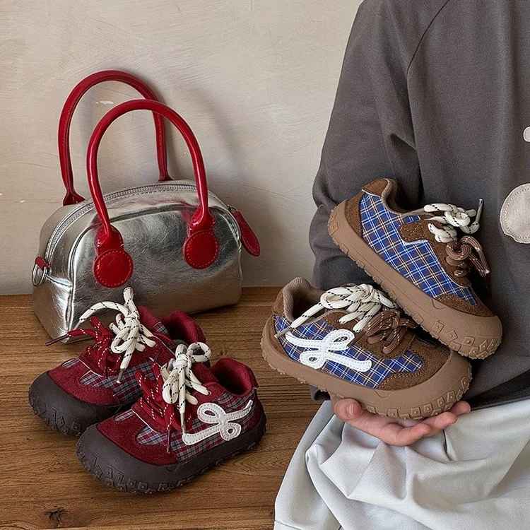 格子撞色运动鞋儿童跑步鞋男童女童户外鞋软底防滑单鞋百搭复古