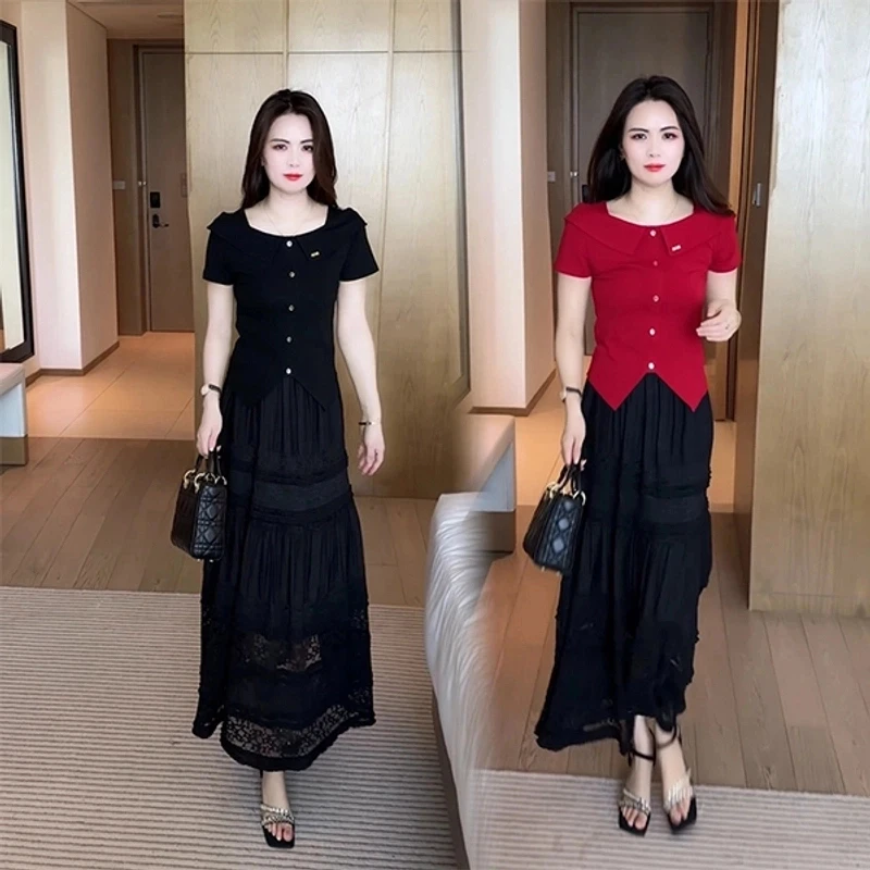 夏季显瘦T恤小众设计感方领短袖洋气质时尚小个子花边短上衣减龄