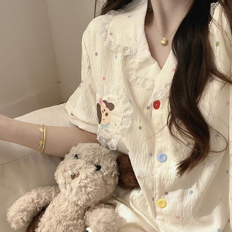韩系糖豆快乐狗睡衣女款夏季带胸垫短袖短裤花边公主风家居服套装