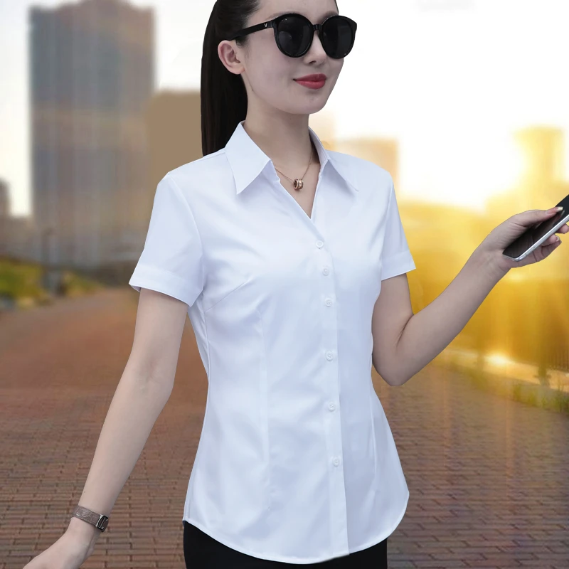 V领白色衬衫女短袖职业2025新款夏季韩版修身正装工作服免烫衬衣