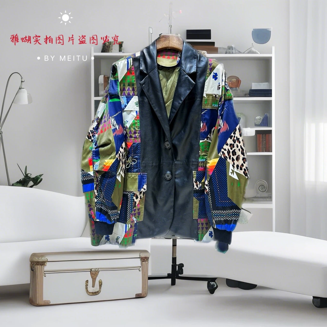 273探索女性魅力 邂逅优雅风尚欧货定制水洗皮拼接不规则西装外套