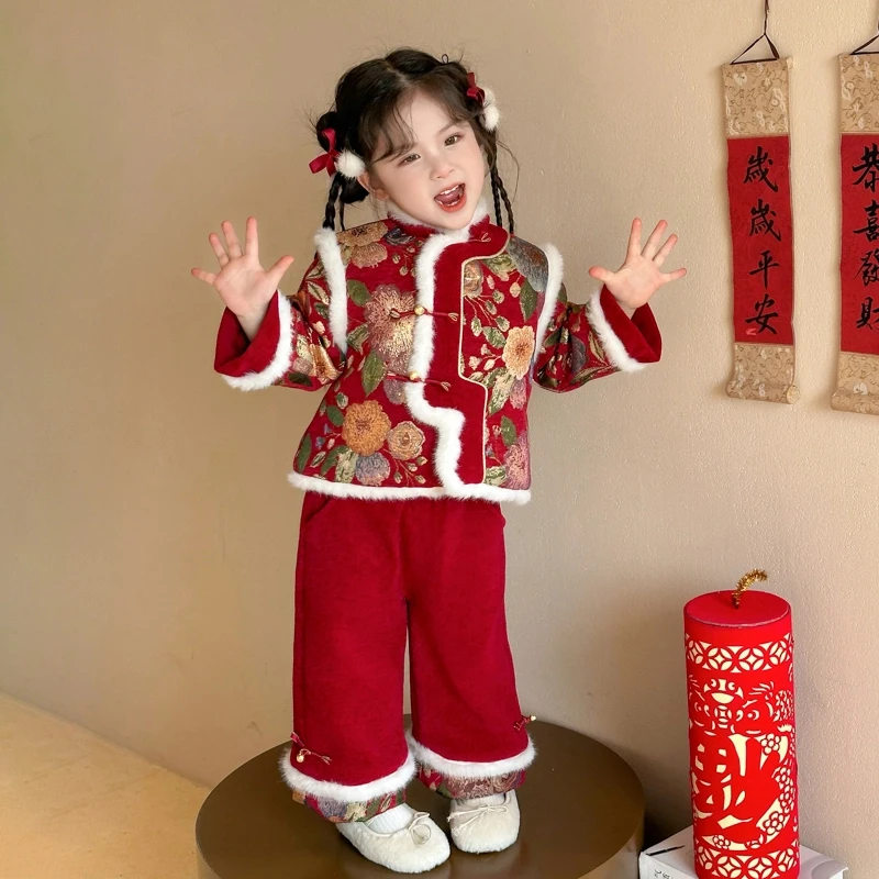 新年款女宝宝夹棉年服套装小女孩拜年服冬装女童加绒唐装中国风潮
