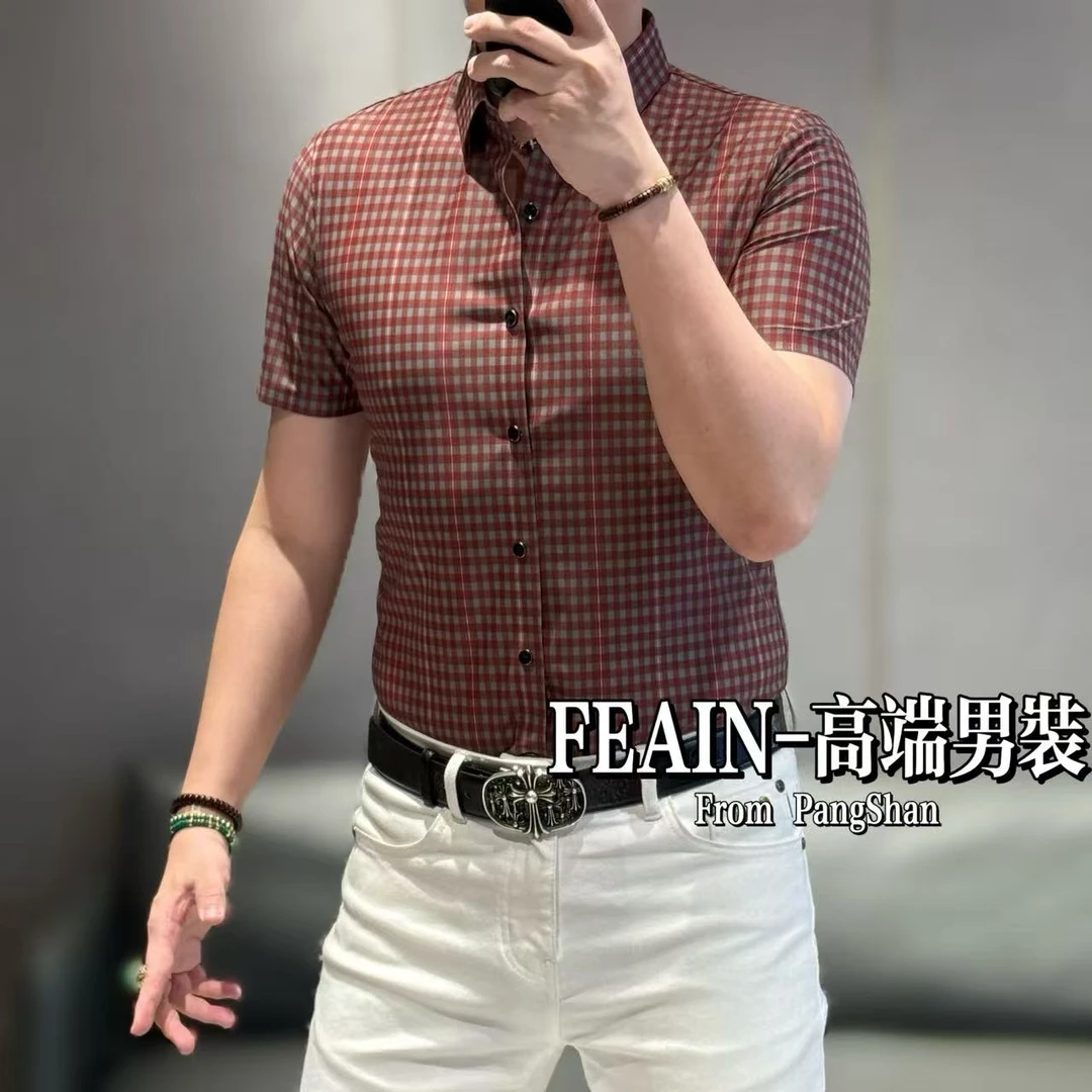 高端男士定制弹力莱卡经典细格纹修身裁剪无痕短袖衬衫1380