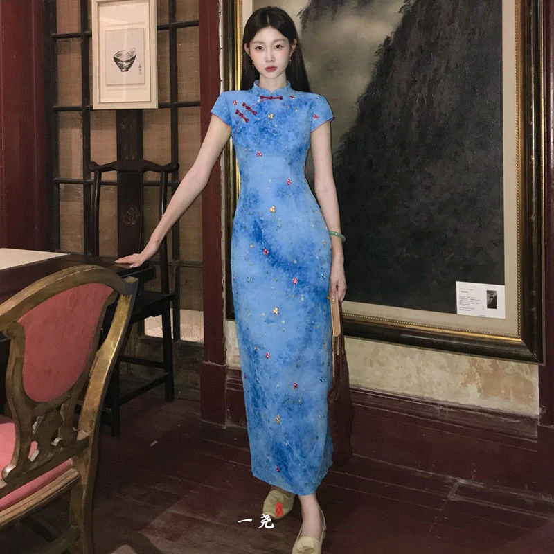 兰亭入梦刺绣新中式国风绣旗袍显瘦夏季新款晕染收腰女款蓝色长裙