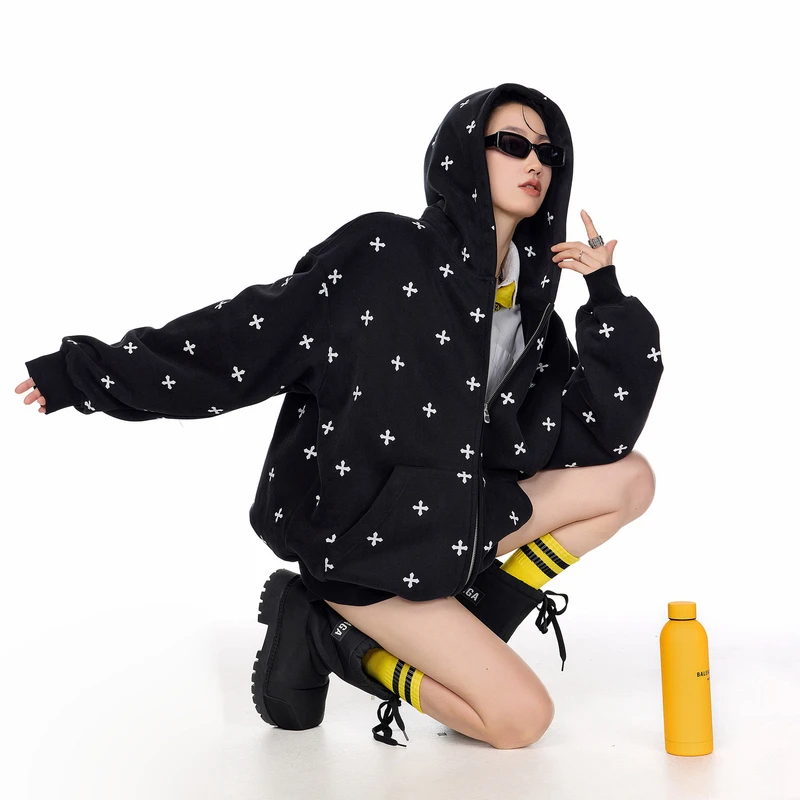 ICHMODE【明星同款】哥特风十字连帽红色加绒卫衣外套女春季开衫