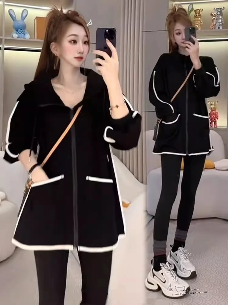 休闲卫衣外套女2025秋冬新款时髦洋气宽松显瘦中长款连帽休闲上衣