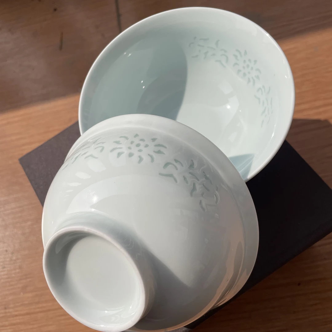 景德镇红叶陶瓷5英寸青釉玲珑碗2个