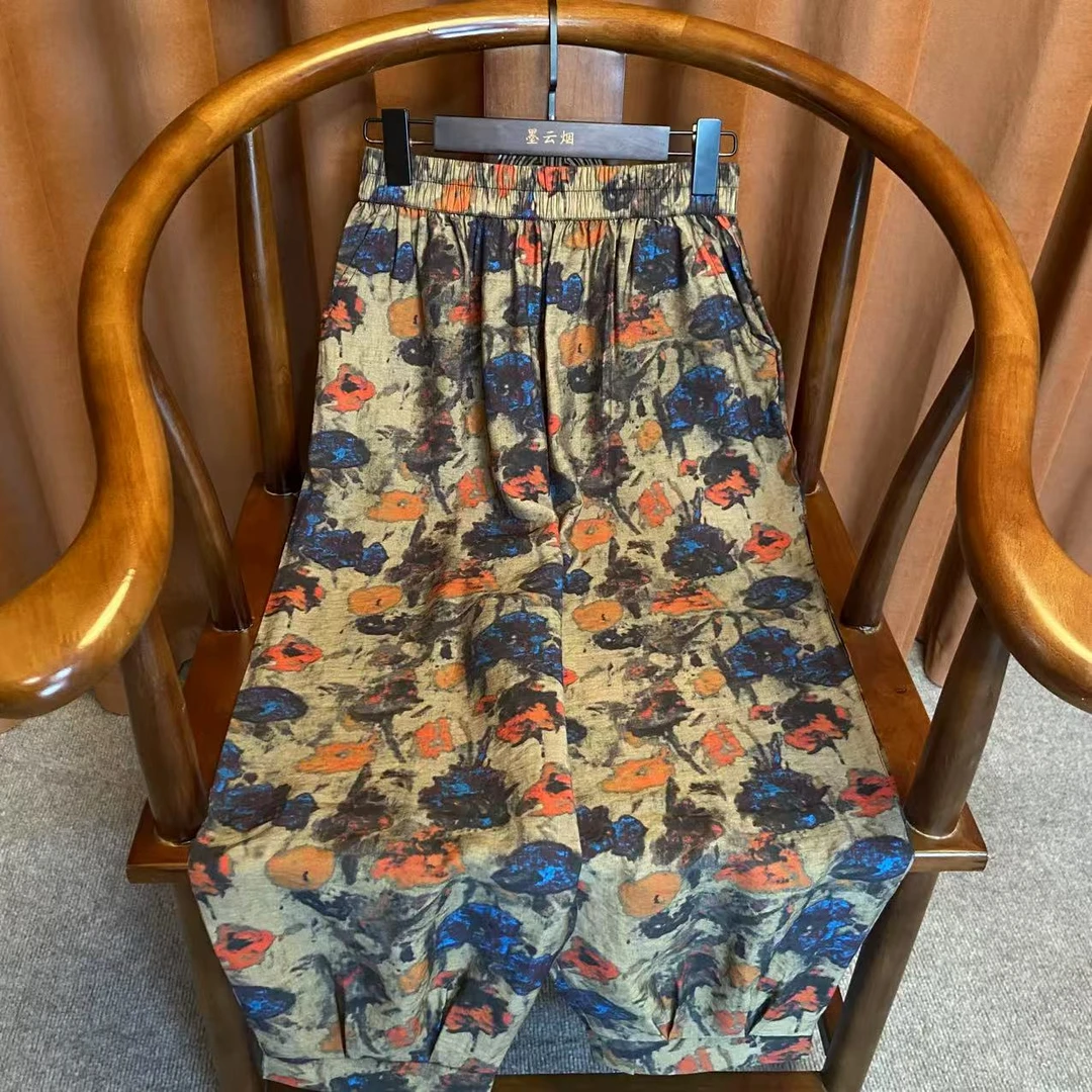【花前】25夏季新款松紧腰休闲复古碎花高腰宽松防蚊九分裤抖抖裤