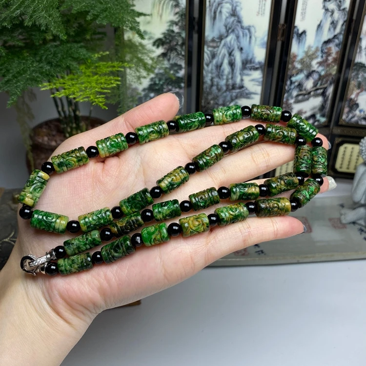 老料黄加绿辣色雕花路路通项链手链 天然翡翠A货