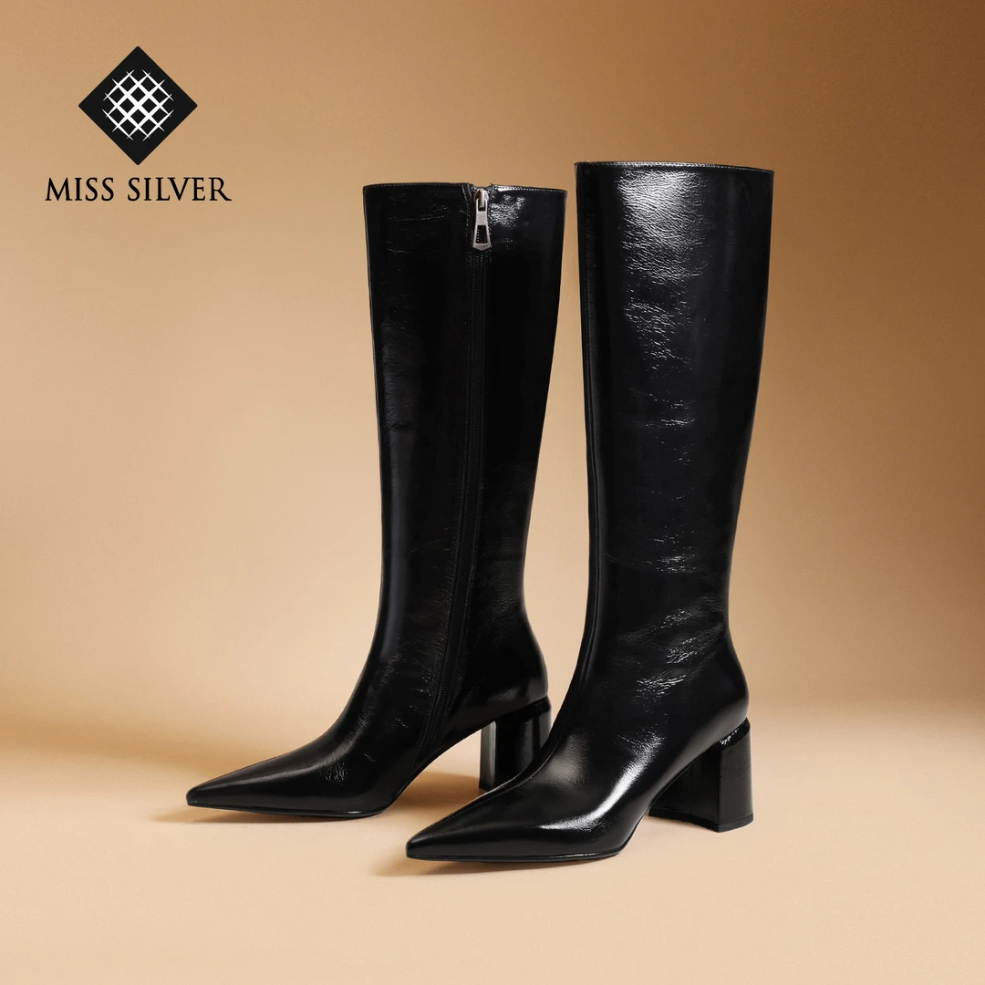 MISSSILVER女靴女鞋高筒靴漆皮靴长筒时装靴时尚高跟秋冬