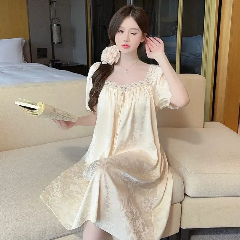 妮娜舒适 蕾丝性感女士法式薄款宽松长款甜美气质带胸垫睡裙8785