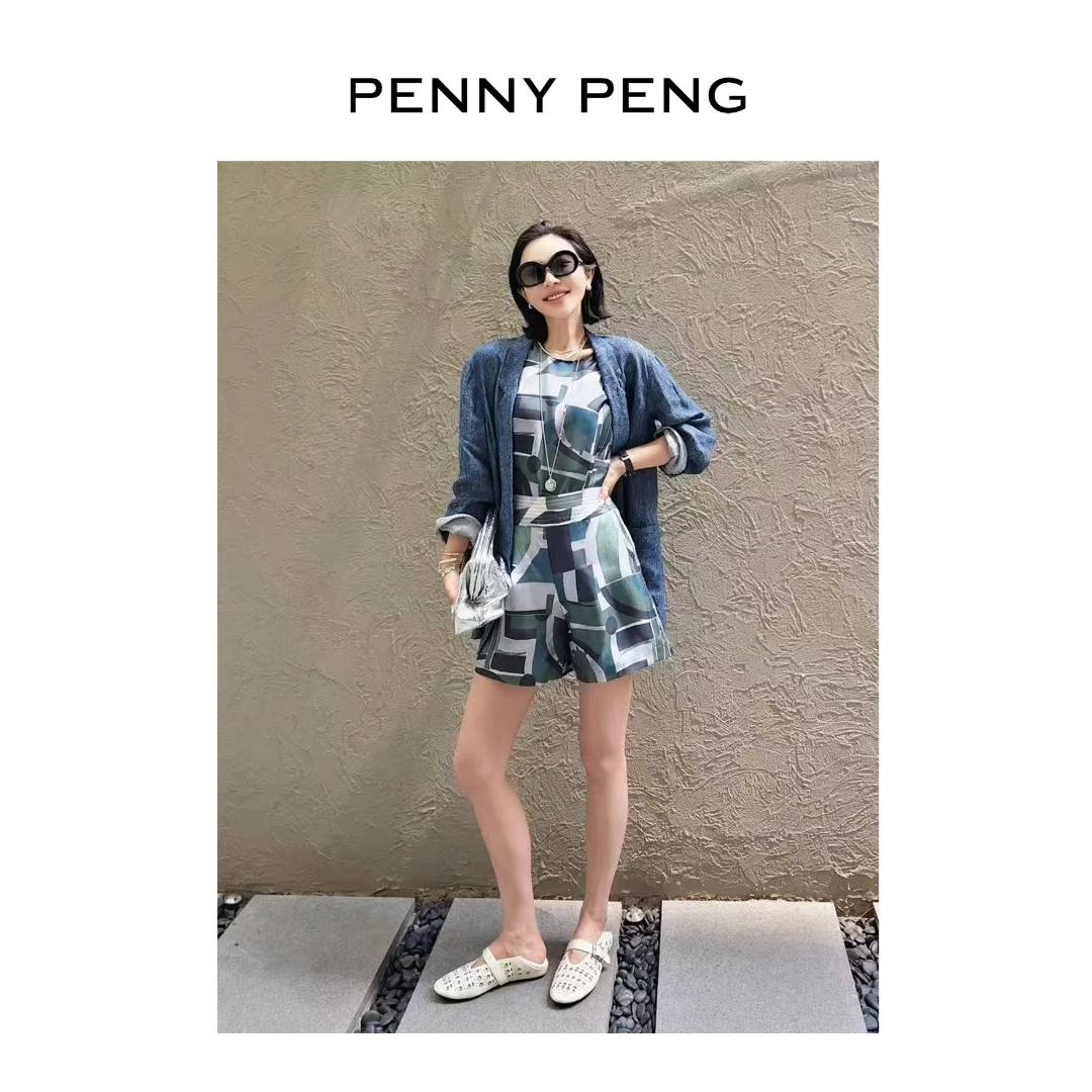 PENNYPENG大英美术馆桑蚕丝品质小众拼色真丝印花背心短裤套装