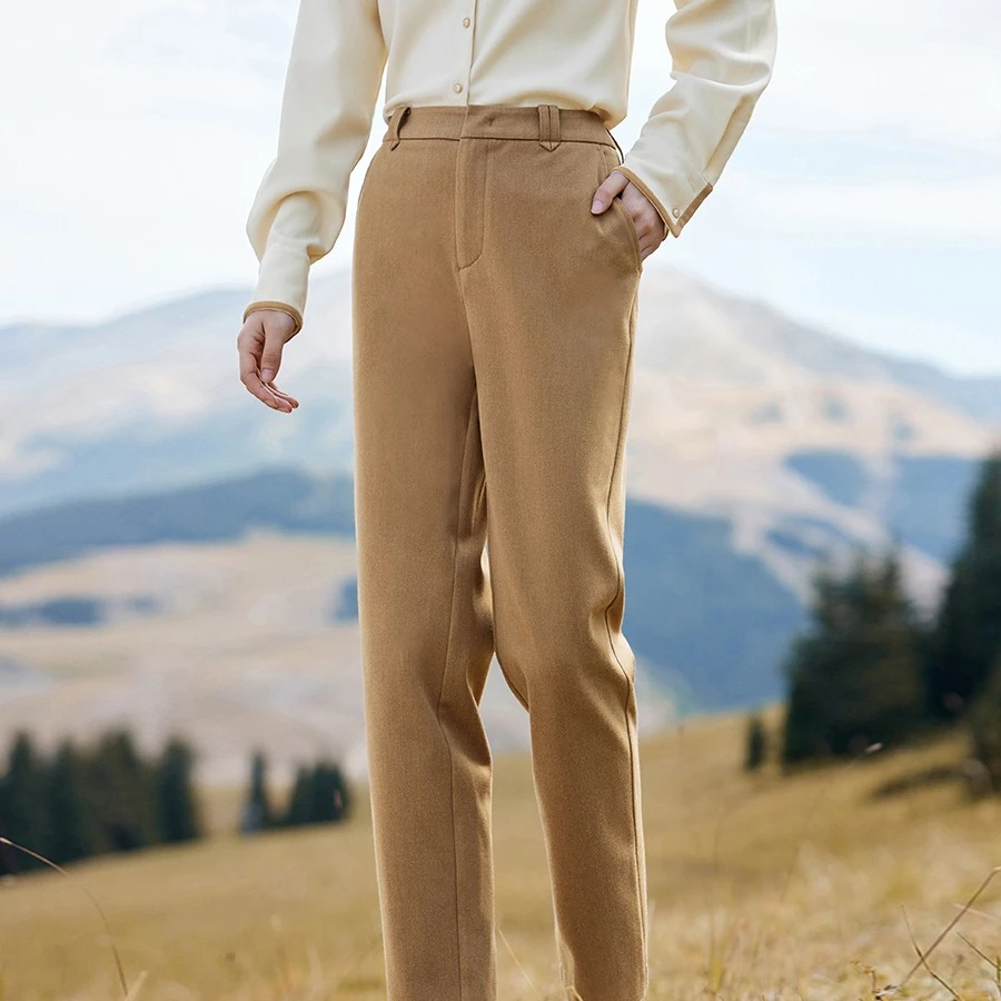 茵曼冬季女休闲裤裤子筒裤直长裤毛呢萝卜新款高腰加厚松紧百搭