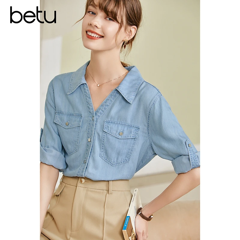 Betu/百图2025秋季新品时尚气质七分袖可调节袖长牛仔衬衫2207T27