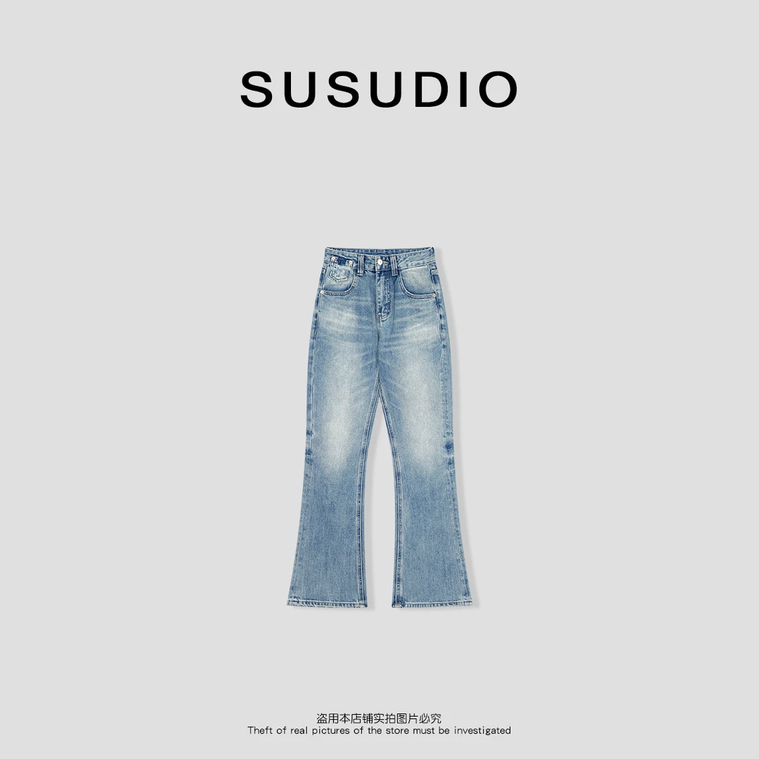 SUSUDIO设计款水洗手工打爪工艺微喇牛仔裤40141