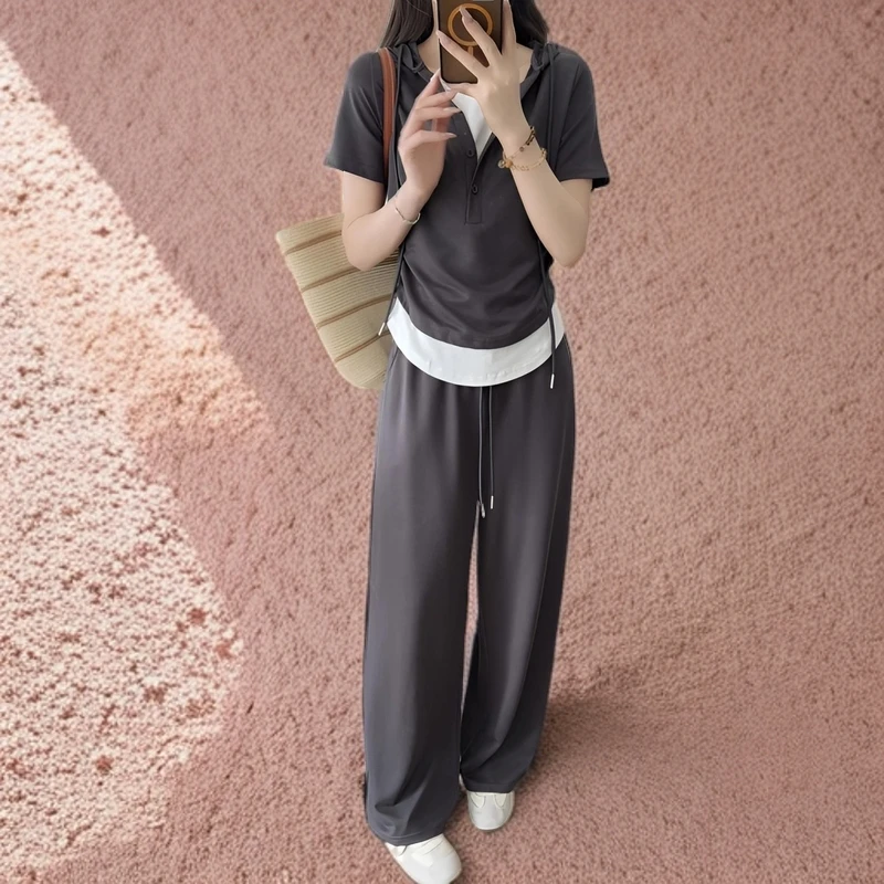 2025新款夏季薄款时尚洋气百搭显瘦运动休闲短袖连帽裤套装两件套