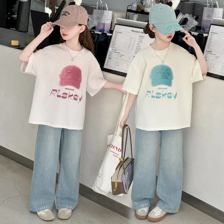 女童夏季短袖套装2025新款洋气百搭T恤儿童时髦牛仔裤夏装两件套
