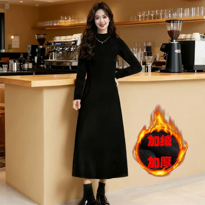 (现货+运费险)半高领秋冬长袖黑色连衣裙A字裙显瘦宽松打底裙5941
