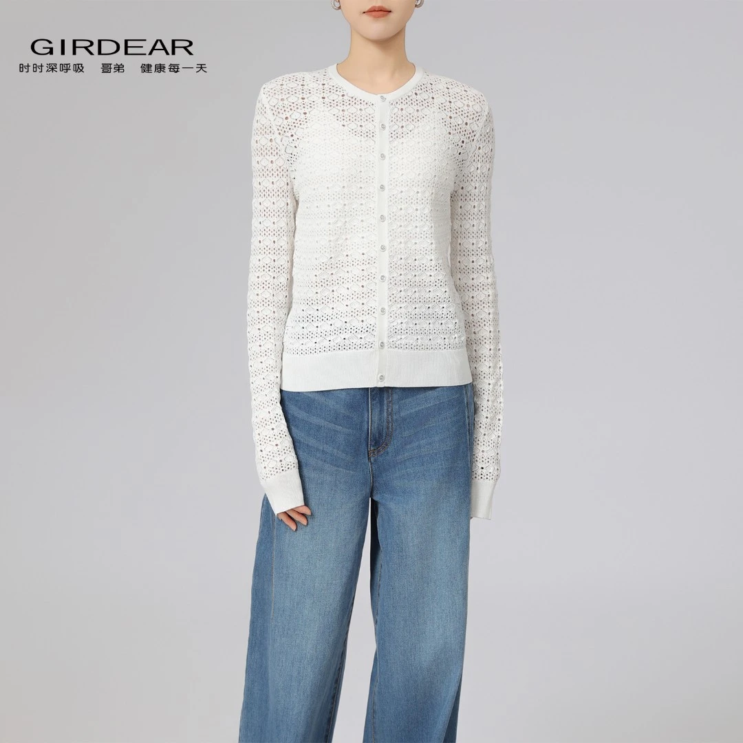 GIRDEAR/哥弟毛针织衫女镂空宽松型开衫小香风蕾丝毛衣148016
