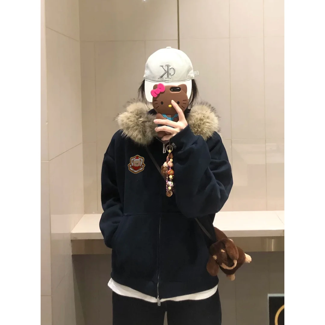 新款潮牌女装刺绣毛领开衫外套秋冬休闲连帽卫衣宽松慵懒上衣