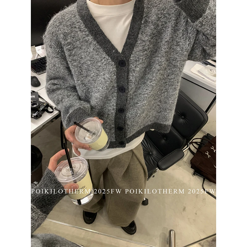 PLTH*美式复古学院风V领针织开衫男休闲慵懒风羊毛高级感毛衣外套